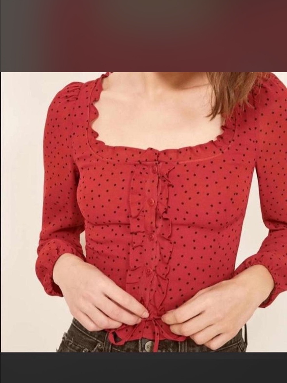 Reformation Red Polka Dot Ruffle-Front Blouse